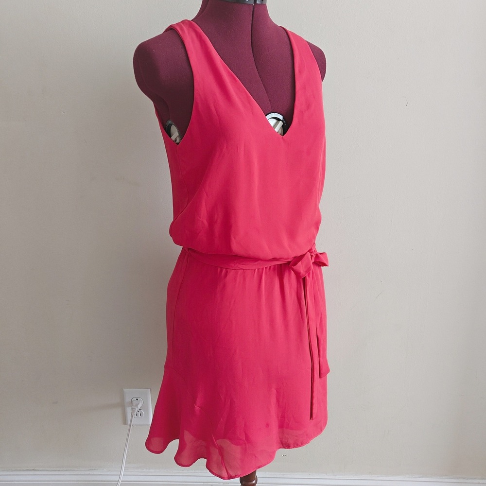 Three Eighty Two Bright Red Dress V-Neck Sleeveless Elastic Waist Ruffle XS